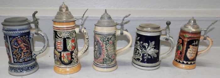 Lot of German Porcelain & Pewter Top Steins