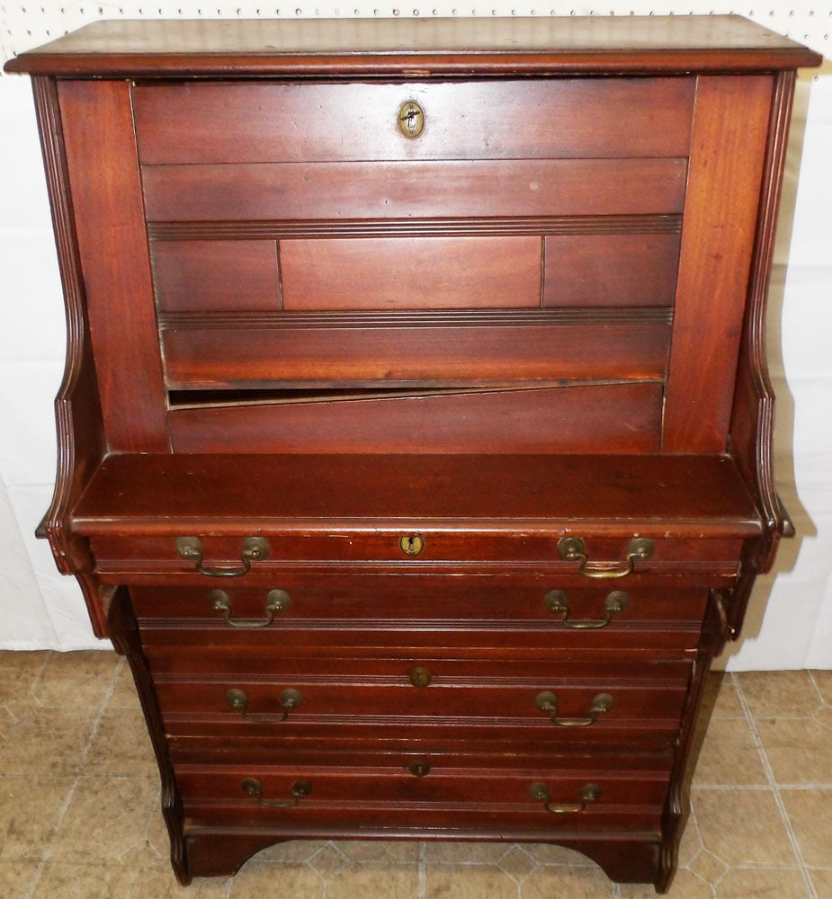 Antique Walnut Victorian Drop Front Desk: Antique Walnut Victorian Drop Front Desk . 47" H 31 1/2" W 18" D "ALL DESCRIPTIONS AND ANY CONDITION STATEMENT GIVEN BY LANGSTON AUCTION GALLERY ARE STRICTLY OPINIONS AND LANGSTON'S SHALL HAVE NO RESP