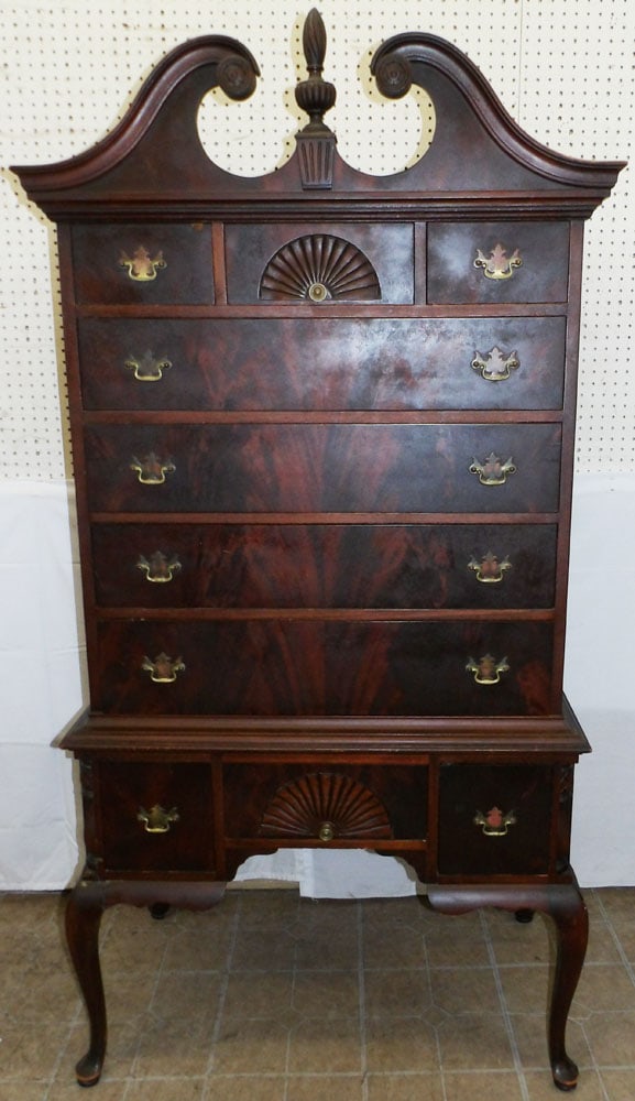 Mahogany One Piece Broken Arch Top Highboy: Mahogany One Piece Broken Arch Top Highboy . 75" H 37 1/4" W 21" D "ALL DESCRIPTIONS AND ANY CONDITION STATEMENT GIVEN BY LANGSTON AUCTION GALLERY ARE STRICTLY OPINIONS AND LANGSTON'S SHALL HAVE NO RE