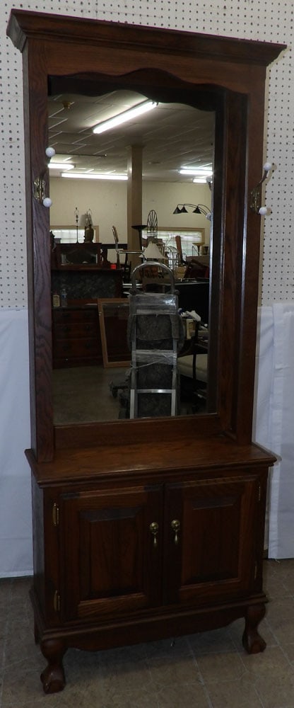 Oak & Mirror Back Hall Tree: Oak & Mirror Back Hall Tree . 75 3/4" H 29 1/2" W 12" D "ALL DESCRIPTIONS AND ANY CONDITION STATEMENT GIVEN BY LANGSTON AUCTION GALLERY ARE STRICTLY OPINIONS AND LANGSTON'S SHALL HAVE NO RESPONSIBILIT