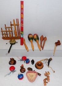 Lot of Bamboo & Wood Musical Instruments & Household Items