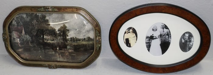 Vintage Bubble Glass Frame Country Scene Print & Oval Burl Wood Frame of Family Photos
