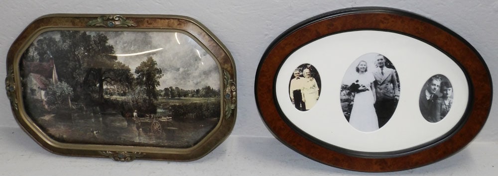 Vintage Bubble Glass Frame Country Scene Print & Oval Burl Wood Frame of Family Photos (1 of 5)
