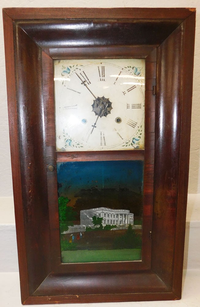 Antique Mahogany Ogee Clock with Reverse Painted Glass Panel (1 of 5)