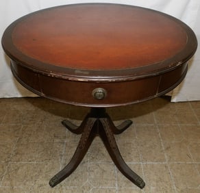 Mahogany Two Drawer Drum Table with Tooled Leather Top