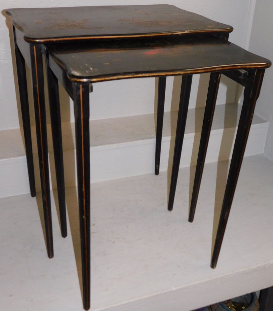 Two Oriental Chinoiserie Decorated Nesting Tables: Two Oriental Chinoiserie Decorated Nesting Tables . 25" H 21" W 15" D "ALL DESCRIPTIONS AND ANY CONDITION STATEMENT GIVEN BY LANGSTON AUCTION GALLERY ARE STRICTLY OPINIONS AND LANGSTON'S SHALL HAVE NO