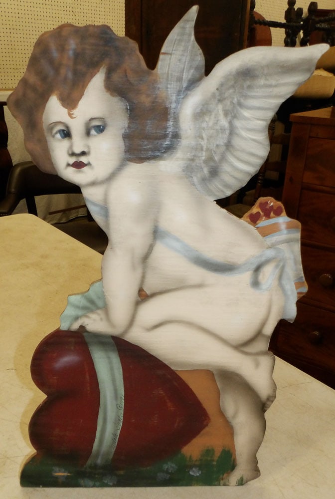 Painted Wood Cherub Cutout: Painted Wood Cherub Cutout . 22 3/4" H 13" W 7" D "ALL DESCRIPTIONS AND ANY CONDITION STATEMENT GIVEN BY LANGSTON AUCTION GALLERY ARE STRICTLY OPINIONS AND LANGSTON'S SHALL HAVE NO RESPONSIBILITY FOR