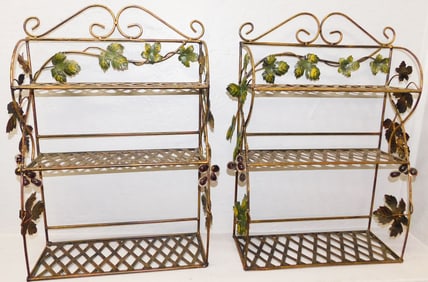 Pair of Painted Metal Hanging Shelves with Grape & Cable Motif