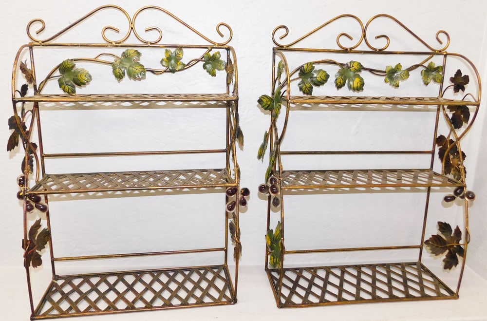 Pair of Painted Metal Hanging Shelves with Grape & Cable Motif (1 of 4)