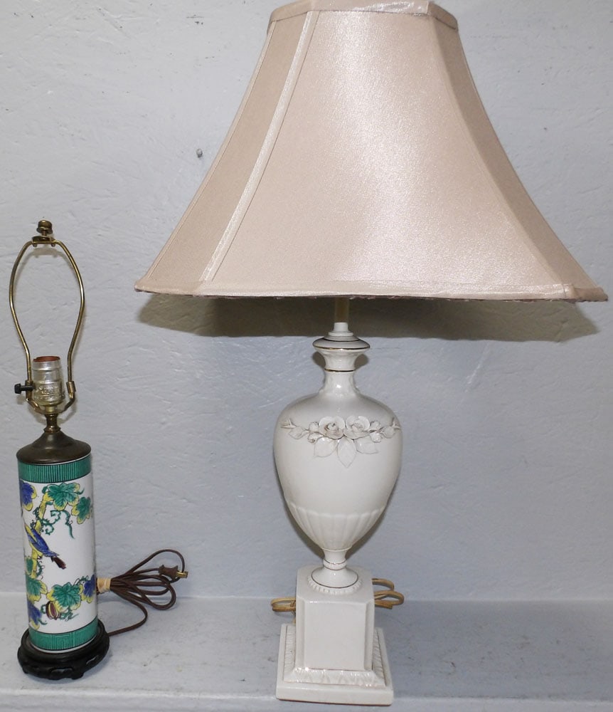 Oriental Porcelain Vase Made Into Lamp & Porcelain Urn Lamp: Oriental Porcelain Vase Made Into Lamp & Porcelain Urn Lamp. Up to 29 1/2" H 16" Dia. "ALL DESCRIPTIONS AND ANY CONDITION STATEMENT GIVEN BY LANGSTON AUCTION GALLERY ARE STRICTLY OPINIONS AND LANGSTON