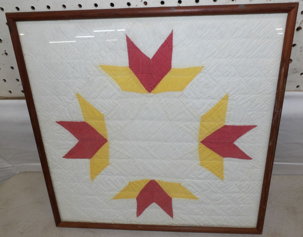 Framed Hand Made Quilt Fragment: Framed Hand Made Quilt Fragment. 17" x 16 3/4" "ALL DESCRIPTIONS AND ANY CONDITION STATEMENT GIVEN BY LANGSTON AUCTION GALLERY ARE STRICTLY OPINIONS AND LANGSTON'S SHALL HAVE NO RESPONSIBILITY FOR ERR