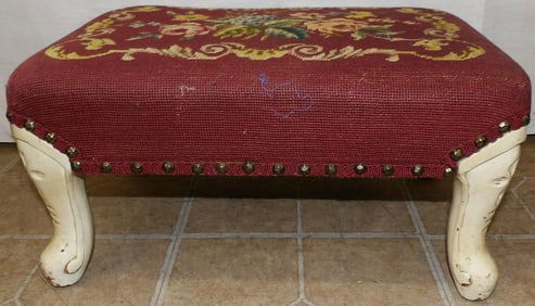 Painted Wood Needlepoint Top Foot Stool