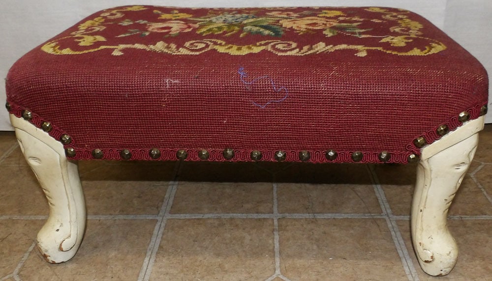 Painted Wood Needlepoint Top Foot Stool (1 of 3)