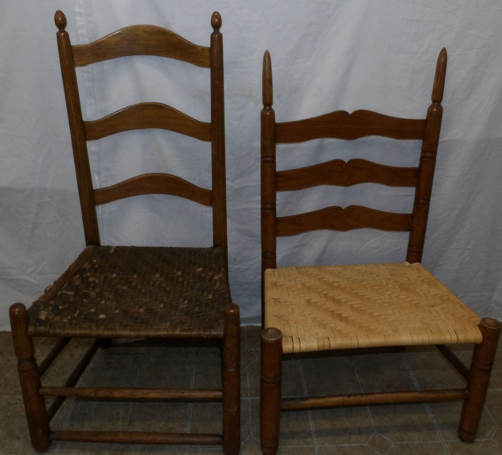 Two Antique Oak Ladder Back Side Chairs: Two Antique Oak Ladder Back Side Chairs . 36 1/2" H 14 1/2" Dia. "ALL DESCRIPTIONS AND ANY CONDITION STATEMENT GIVEN BY LANGSTON AUCTION GALLERY ARE STRICTLY OPINIONS AND LANGSTON'S SHALL HAVE NO RESP