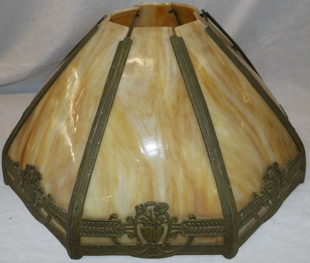Slag Glass & Metal Lamp Shade: Slag Glass & Metal Lamp Shade . 8 1/2" H 16" Dia. "ALL DESCRIPTIONS AND ANY CONDITION STATEMENT GIVEN BY LANGSTON AUCTION GALLERY ARE STRICTLY OPINIONS AND LANGSTON'S SHALL HAVE NO RESPONSIBILITY FOR