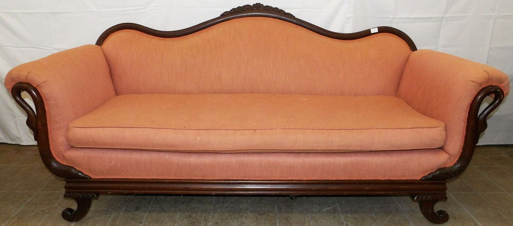 Antique Mahogany Swan Head Arm Sofa: Antique Mahogany Swan Head Arm Sofa. 32" H 80" W 32" D "ALL DESCRIPTIONS AND ANY CONDITION STATEMENT GIVEN BY LANGSTON AUCTION GALLERY ARE STRICTLY OPINIONS AND LANGSTON'S SHALL HAVE NO RESPONSIBILITY