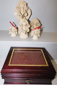 Lot of Art Pottery Figures & Mahogany Jewelry Box