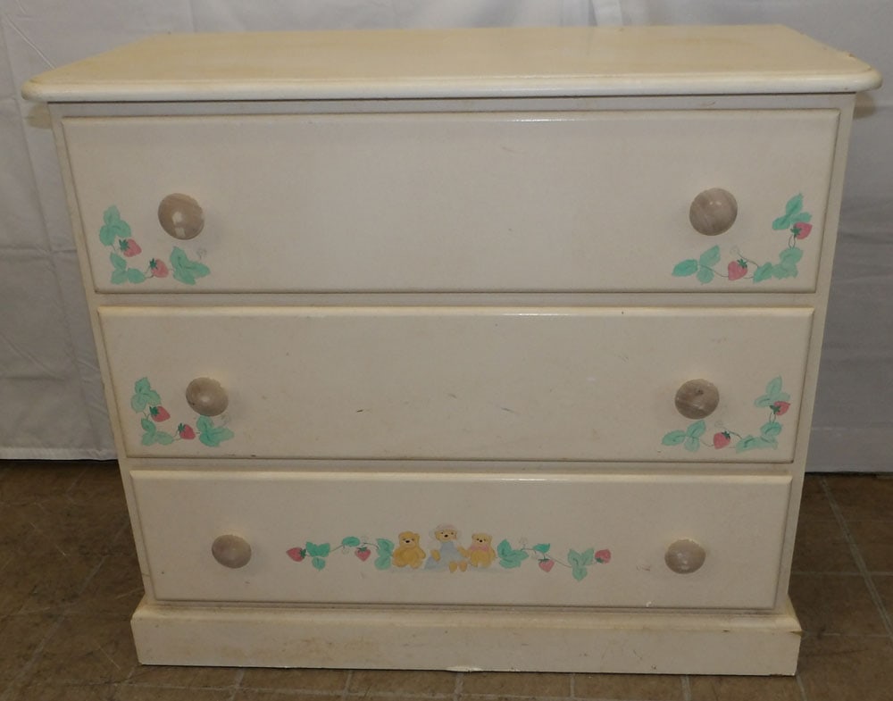 Painted Three Drawer Chest: Painted Three Drawer Chest . 31" H 36" W 18 1/2" D "ALL DESCRIPTIONS AND ANY CONDITION STATEMENT GIVEN BY LANGSTON AUCTION GALLERY ARE STRICTLY OPINIONS AND LANGSTON'S SHALL HAVE NO RESPONSIBILITY FOR