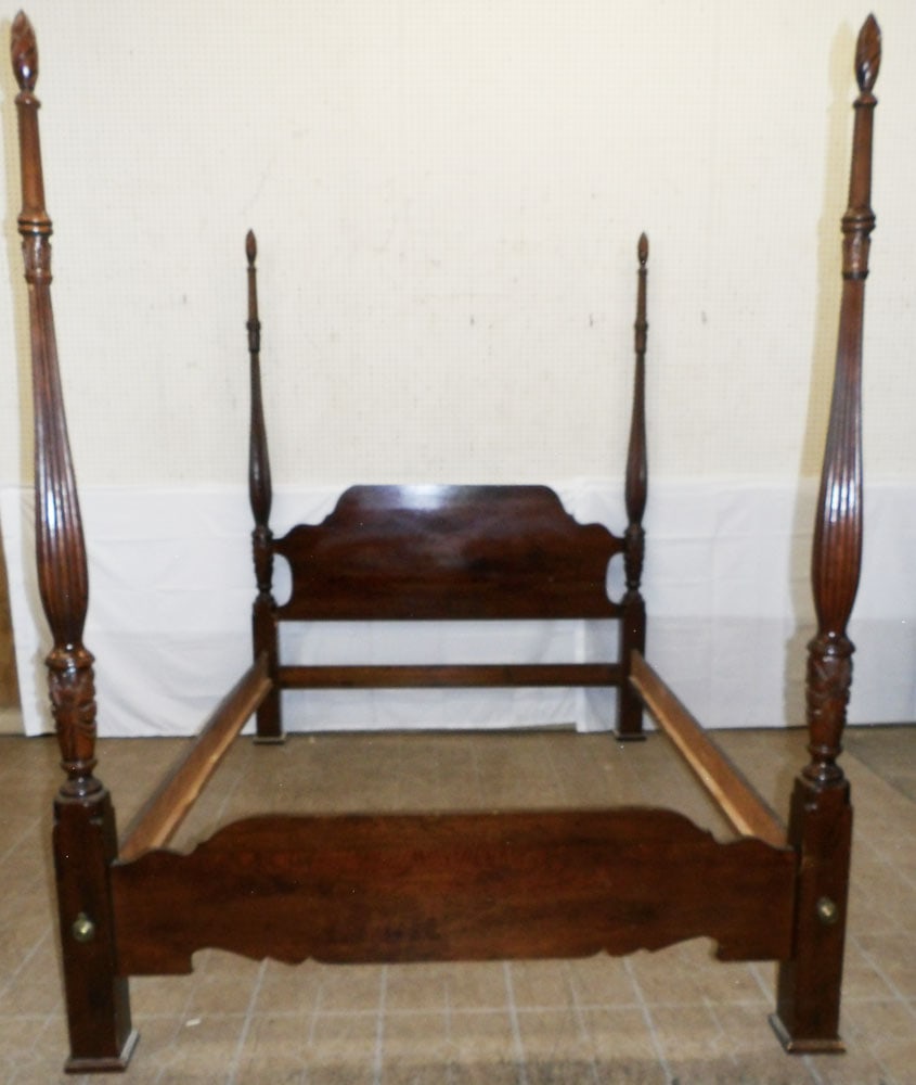 Mahogany Rice Carved Queen Size Four Post Bed with Rails (1 of 6)