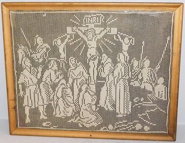 Framed Crocheted Religious Scene