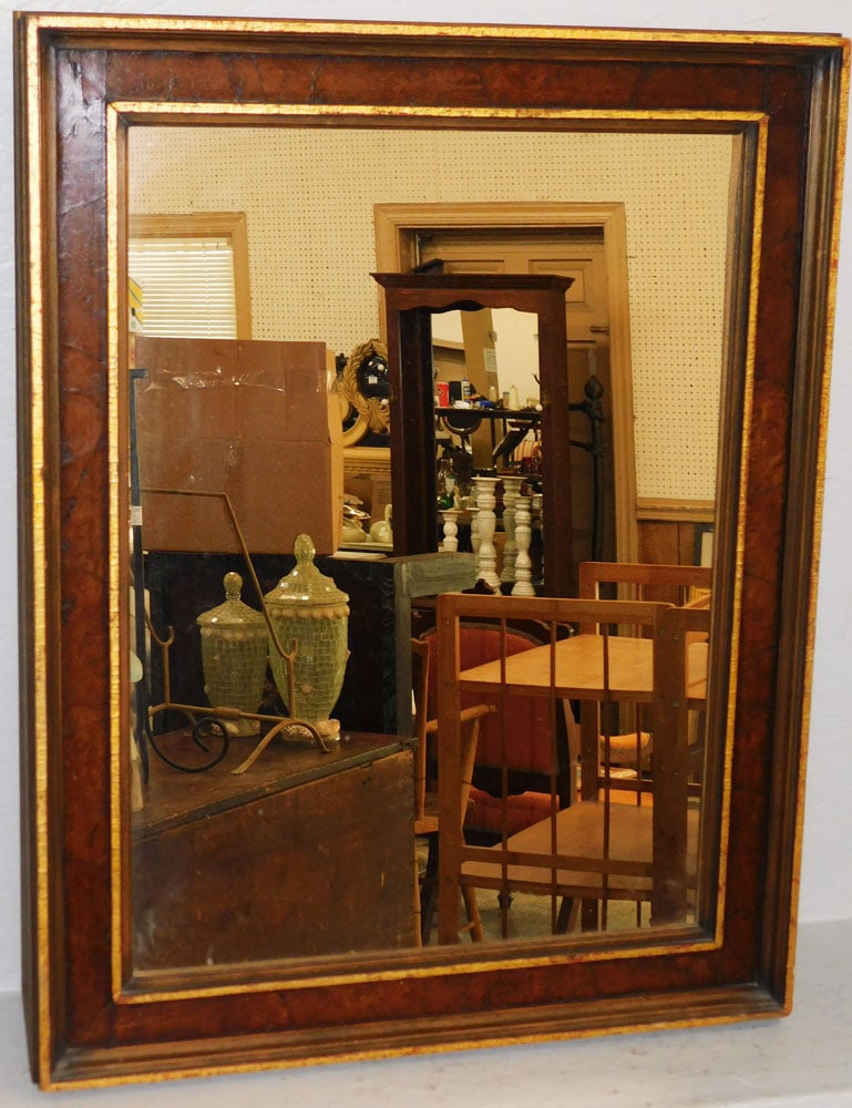 Burl Wood Framed Mirror: Burl Wood Framed Mirror. 27 1/2" x 21 1/2" "ALL DESCRIPTIONS AND ANY CONDITION STATEMENT GIVEN BY LANGSTON AUCTION GALLERY ARE STRICTLY OPINIONS AND LANGSTON'S SHALL HAVE NO RESPONSIBILITY FOR ERRORS