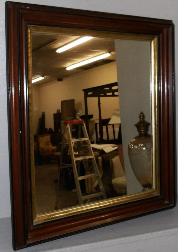 Antique Walnut Shadowbox Frame Mirror: Antique Walnut Shadowbox Frame Mirror. 29 1/4" x 25" "ALL DESCRIPTIONS AND ANY CONDITION STATEMENT GIVEN BY LANGSTON AUCTION GALLERY ARE STRICTLY OPINIONS AND LANGSTON'S SHALL HAVE NO RESPONSIBILITY F