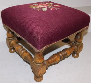 Antique Walnut & Needlepoint Top Stretcher Base Stool