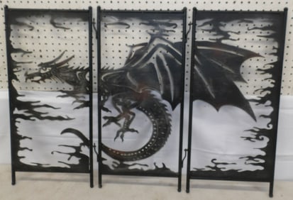 Painted Metal Three Panel Folding Dragon Screen