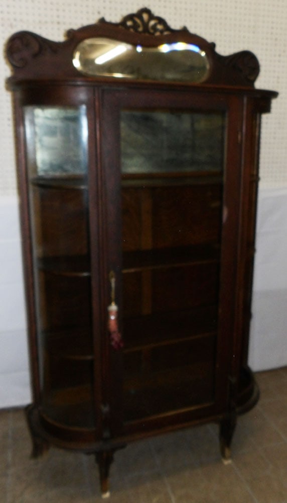 Antique Oak Bow Front China Cabinet, (Missing Glass Side Panel) (1 of 6)