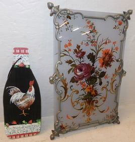Reverse Painted Hanging Panel with Pewter Frame & Bottle Form Trivet with Rooster Motif