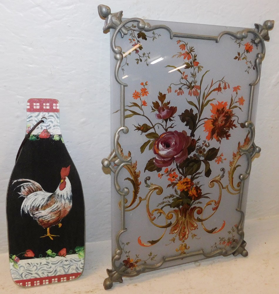 Reverse Painted Hanging Panel with Pewter Frame & Bottle Form Trivet with Rooster Motif (1 of 3)