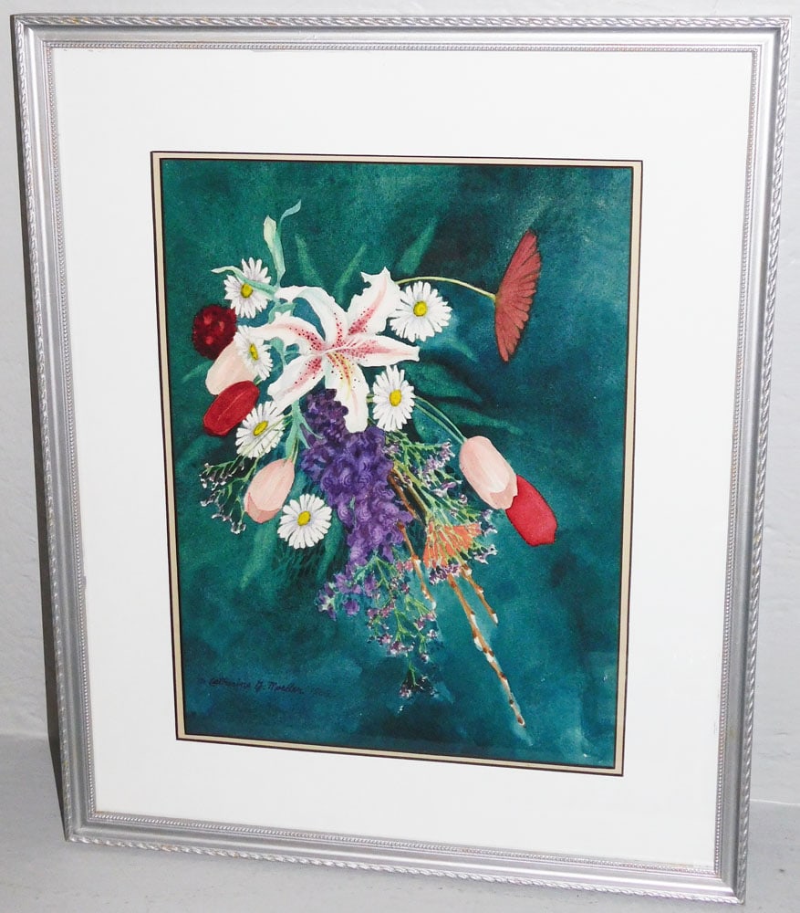 Framed Watercolor Still Life Floral Boquet Signed Catherine Mueller (1 of 3)