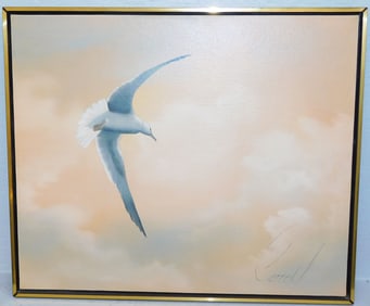 Framed Oil on Canvas of Seagull in Flight Artist Signed Carroll
