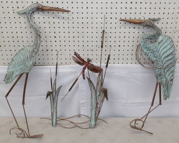 Three Copper Wall Hangings Artist Signed Bertocchi, (One Dragonfly & Two Herons)
