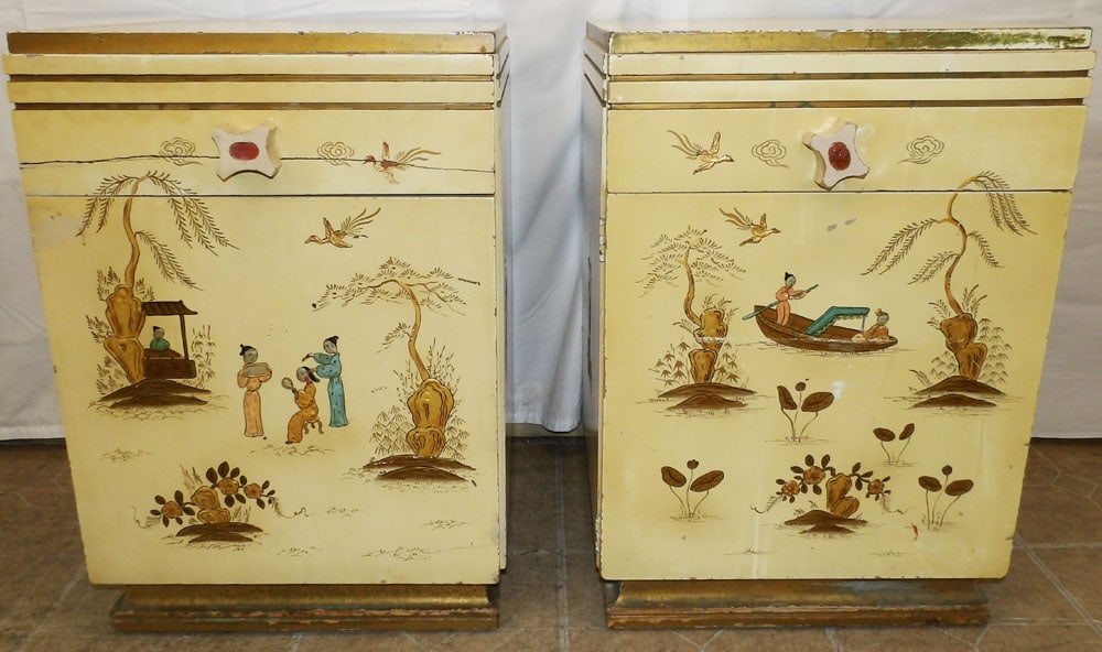 Pair of Chinoiserie Decorated Night Stands: Pair of Chinoiserie Decorated Night Stands . 27" H 18" W 17" D "ALL DESCRIPTIONS AND ANY CONDITION STATEMENT GIVEN BY LANGSTON AUCTION GALLERY ARE STRICTLY OPINIONS AND LANGSTON'S SHALL HAVE NO RESPON