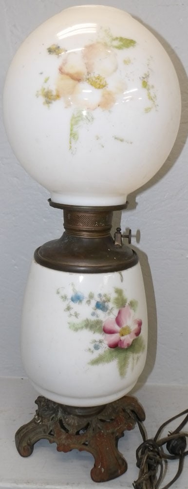 Antique Painted Glass & Metal Lamp: Antique Painted Glass & Metal Lamp. 23 1/4" H 8 1/2" Dia "ALL DESCRIPTIONS AND ANY CONDITION STATEMENT GIVEN BY LANGSTON AUCTION GALLERY ARE STRICTLY OPINIONS AND LANGSTON'S SHALL HAVE NO RESPONSIBILI