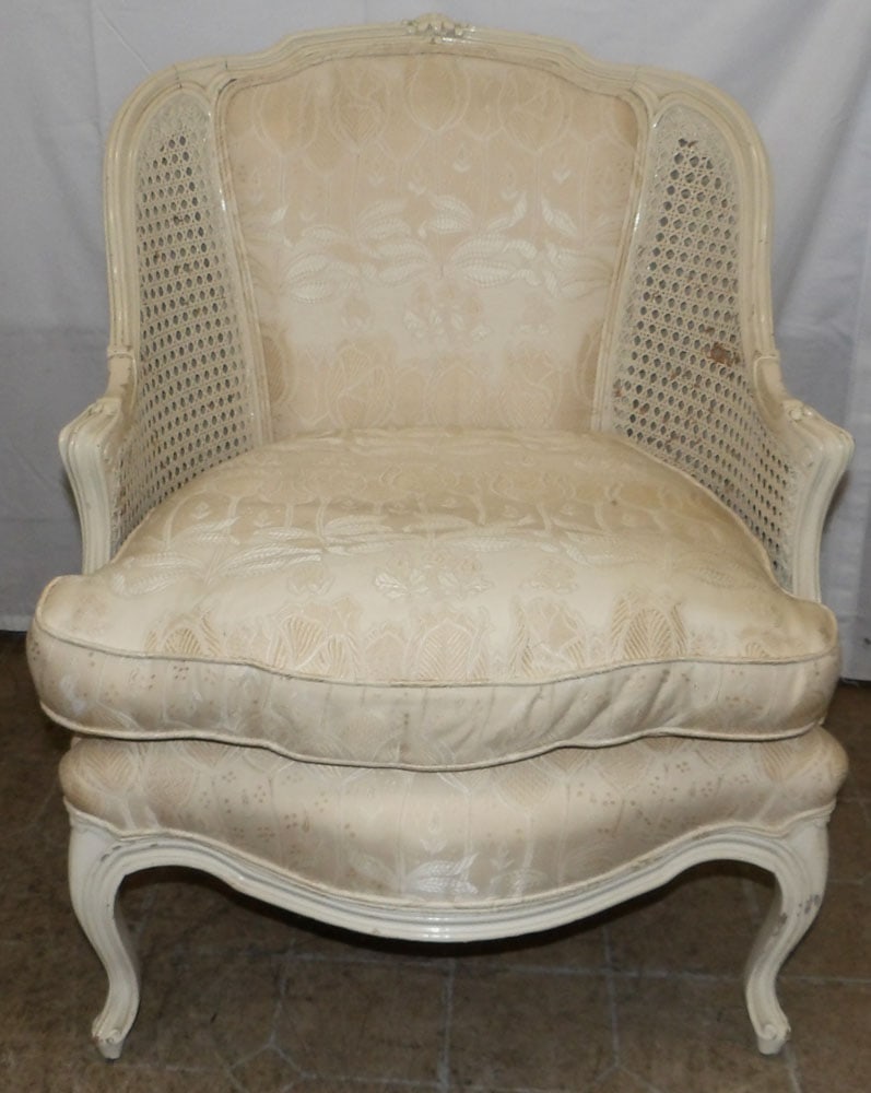 French Painted Wood & Cane Bergere: French Painted Wood & Cane Bergere. 32 1/2" H 25" W 22" D "ALL DESCRIPTIONS AND ANY CONDITION STATEMENT GIVEN BY LANGSTON AUCTION GALLERY ARE STRICTLY OPINIONS AND LANGSTON'S SHALL HAVE NO RESPONSIBIL