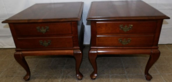 Pair of Cherry Queen Anne Style End Tables with Drawers