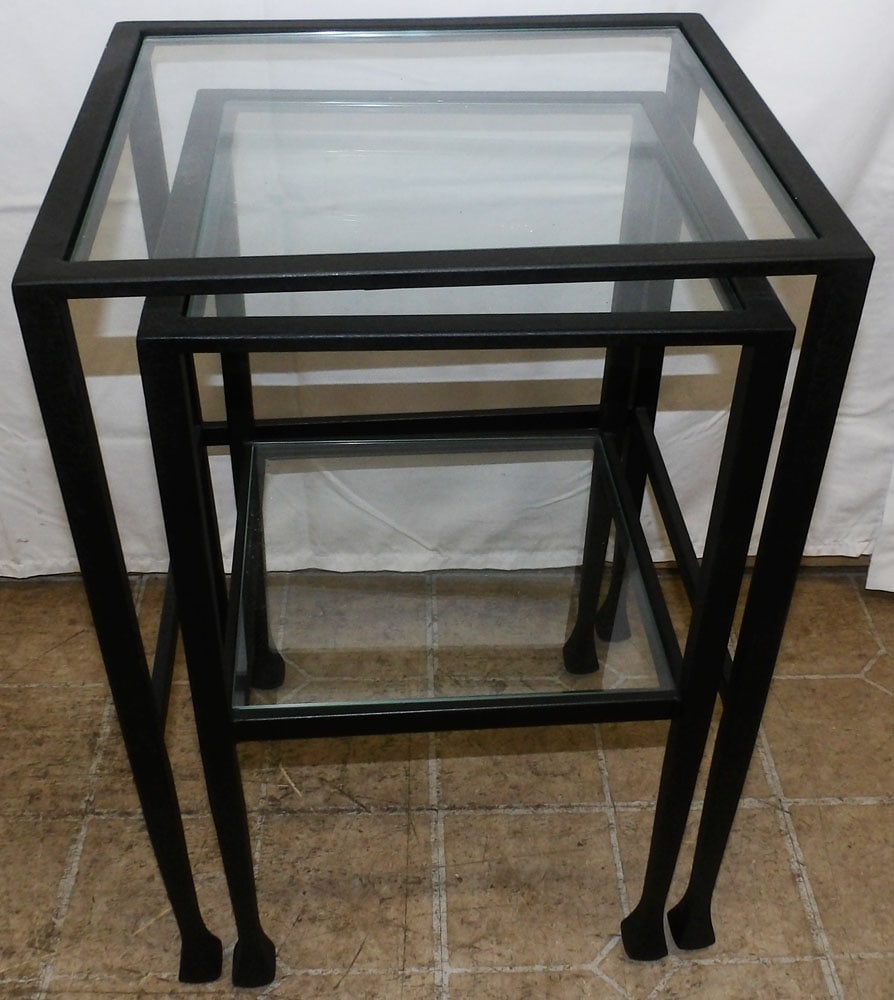 Two Painted Metal & Glass Nesting Tables: Two Painted Metal & Glass Nesting Tables . 24" H 16" W 14" D "ALL DESCRIPTIONS AND ANY CONDITION STATEMENT GIVEN BY LANGSTON AUCTION GALLERY ARE STRICTLY OPINIONS AND LANGSTON'S SHALL HAVE NO RESPONSI