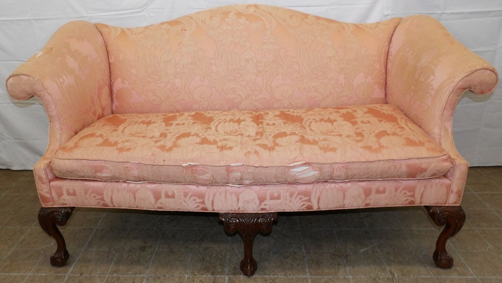Carved Mahogany Ball & Claw Sofa Frame: Carved Mahogany Ball & Claw Sofa Frame . 36" H 70" W 31" D "ALL DESCRIPTIONS AND ANY CONDITION STATEMENT GIVEN BY LANGSTON AUCTION GALLERY ARE STRICTLY OPINIONS AND LANGSTON'S SHALL HAVE NO RESPONSIBI