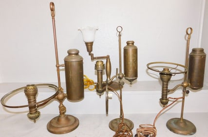 Lot of Four Brass Student Lamps, (Three with No Shades)