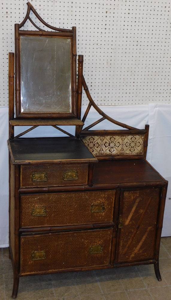 Antique Bamboo Dresser with Mirror, (As Is): Antique Bamboo Dresser with Mirror, (As Is). 69" H 39" W 18 1/2" D "ALL DESCRIPTIONS AND ANY CONDITION STATEMENT GIVEN BY LANGSTON AUCTION GALLERY ARE STRICTLY OPINIONS AND LANGSTON'S SHALL HAVE NO RE