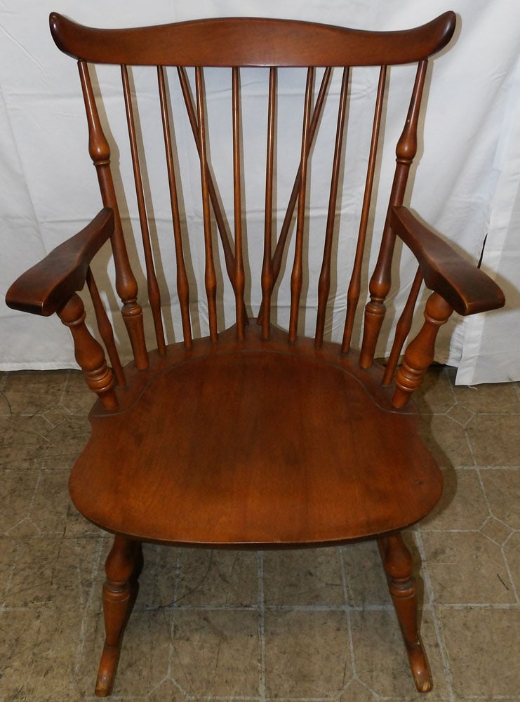 Maple Rocker by Nichols & Stone: Maple Rocker by Nichols & Stone. 33 1/2" H 24" W 29" D "ALL DESCRIPTIONS AND ANY CONDITION STATEMENT GIVEN BY LANGSTON AUCTION GALLERY ARE STRICTLY OPINIONS AND LANGSTON'S SHALL HAVE NO RESPONSIBILITY