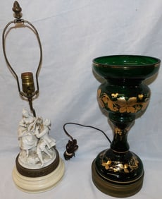 Emerald Green Luster & Porcelain Figural Lamp