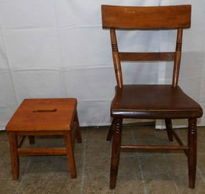 Antique Plank Bottom Side Chair & Foot Stool