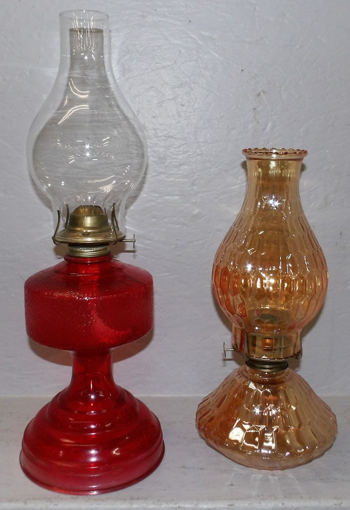 Iridescent Glass & Painted Glass Oil Lamps: Iridescent Glass & Painted Glass Oil Lamps. 18 1/2" H 6" Dia "ALL DESCRIPTIONS AND ANY CONDITION STATEMENT GIVEN BY LANGSTON AUCTION GALLERY ARE STRICTLY OPINIONS AND LANGSTON'S SHALL HAVE NO RESPONSI