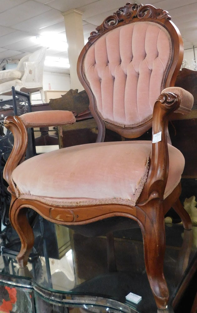 Carved Walnut Victorian Arm Chair: Carved Walnut Victorian Arm Chair . 42 1/2" H 28" W 28" D "ALL DESCRIPTIONS AND ANY CONDITION STATEMENT GIVEN BY LANGSTON AUCTION GALLERY ARE STRICTLY OPINIONS AND LANGSTON'S SHALL HAVE NO RESPONSIBIL