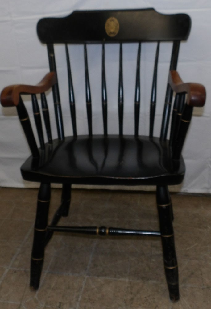 Black Lacquered Windsor Randolph Macon Women's College Chair by Bent Brothers: Black Lacquered Windsor Randolph Macon Women's College Chair by Bent Brothers . 35 1/4" H 24" W 23" D "ALL DESCRIPTIONS AND ANY CONDITION STATEMENT GIVEN BY LANGSTON AUCTION GALLERY ARE STRICTLY OPINI