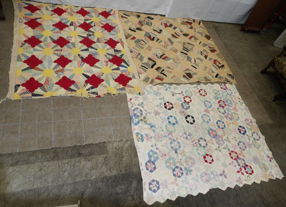 Lot of Three 19th Century Antique Hand Made Quilts, (As Found): Lot of Three 19th Century Antique Hand Made Quilts, (As Found). Up To 67" X 76" "ALL DESCRIPTIONS AND ANY CONDITION STATEMENT GIVEN BY LANGSTON AUCTION GALLERY ARE STRICTLY OPINIONS AND LANGSTON'S SHA