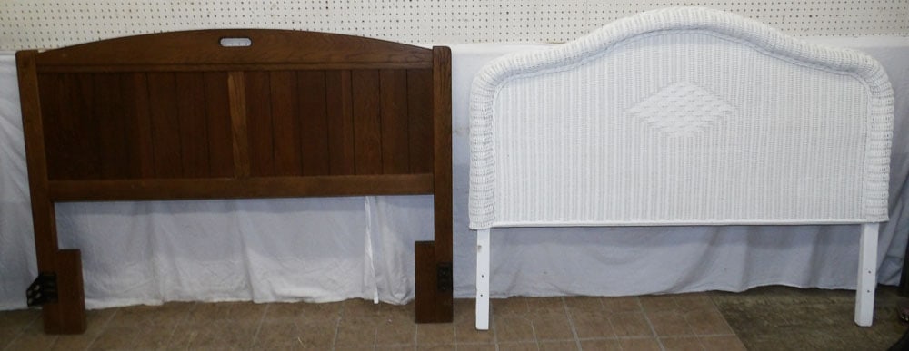 Oak Full Size Headboard & Painted Wicker Queen Size Headboard: Oak Full Size Headboard & Painted Wicker Queen Size Headboard . Up to 50" x 62 1/2" "ALL DESCRIPTIONS AND ANY CONDITION STATEMENT GIVEN BY LANGSTON AUCTION GALLERY ARE STRICTLY OPINIONS AND LANGSTON'S